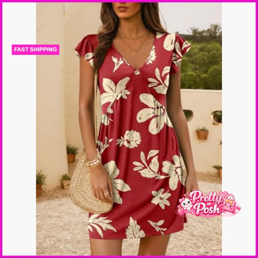 Polyester Elastane V-Neck Ruffle Sleeve Mini Sund… - image 2